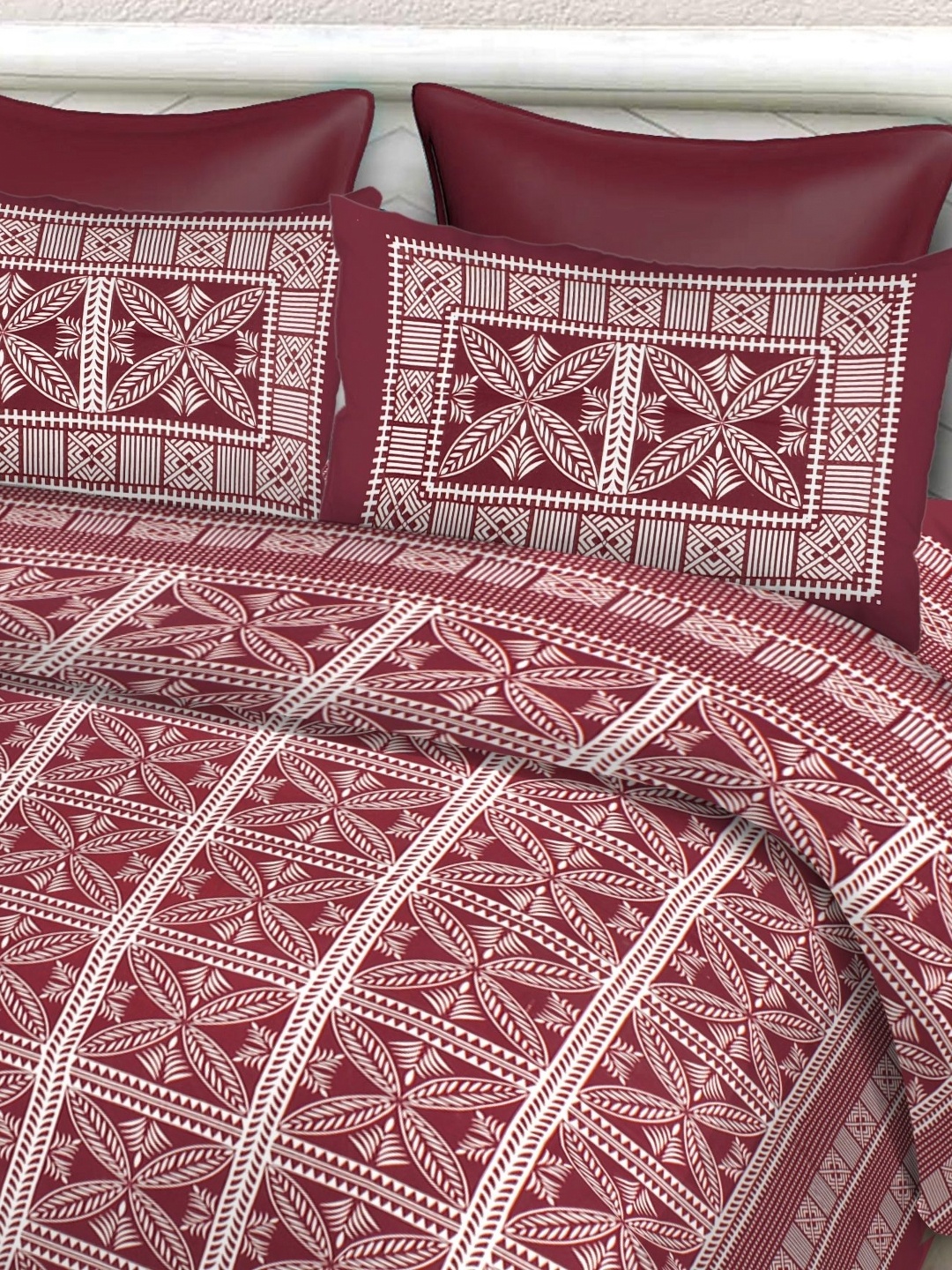 

Aura Maroon & White Ethnic Motifs 144 TC Queen Bedsheet With 2 Pillow Covers