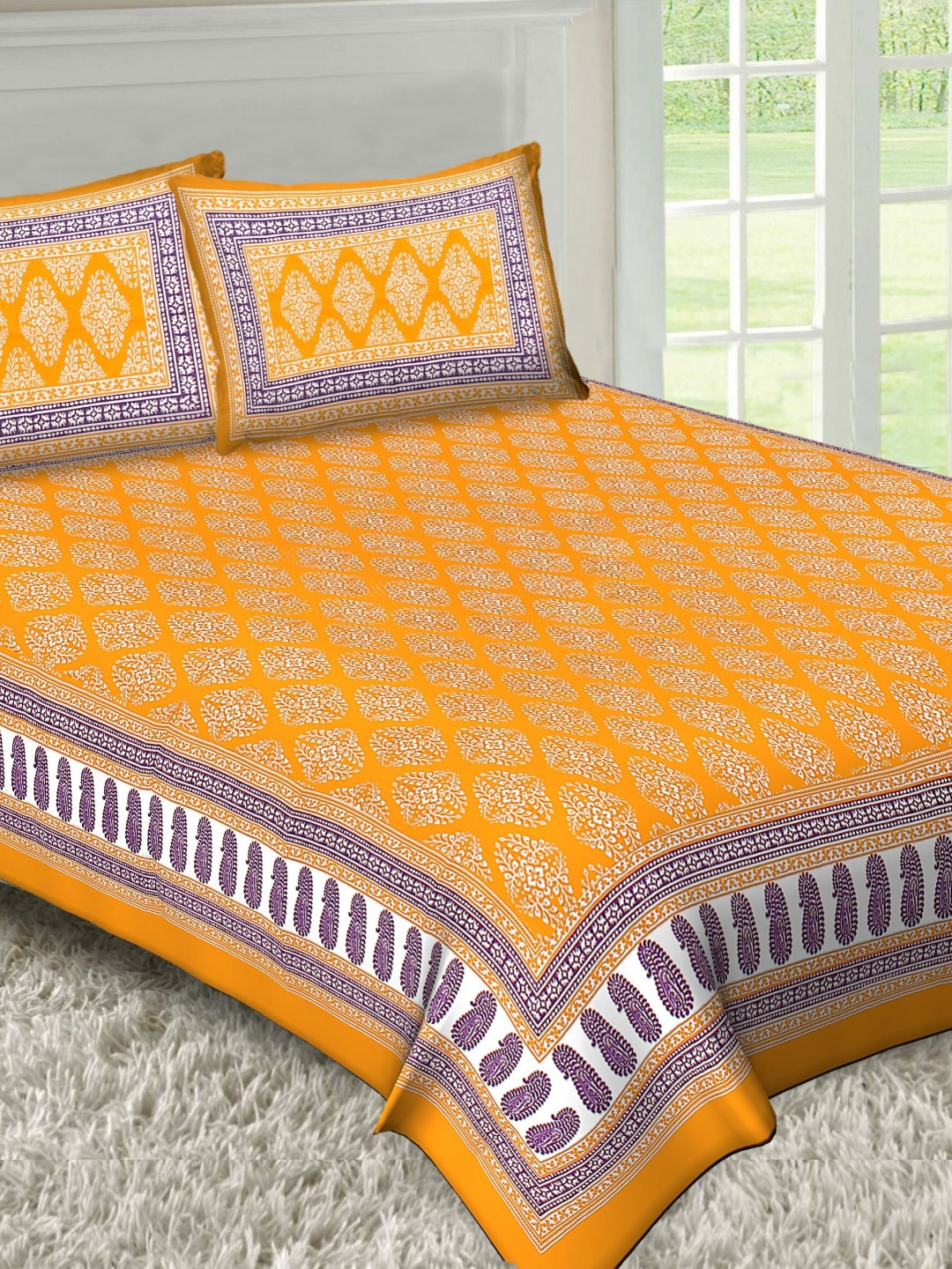 

Aura Yellow Ethnic Motifs 144 TC Queen Bedsheet With 2 Pillow Covers