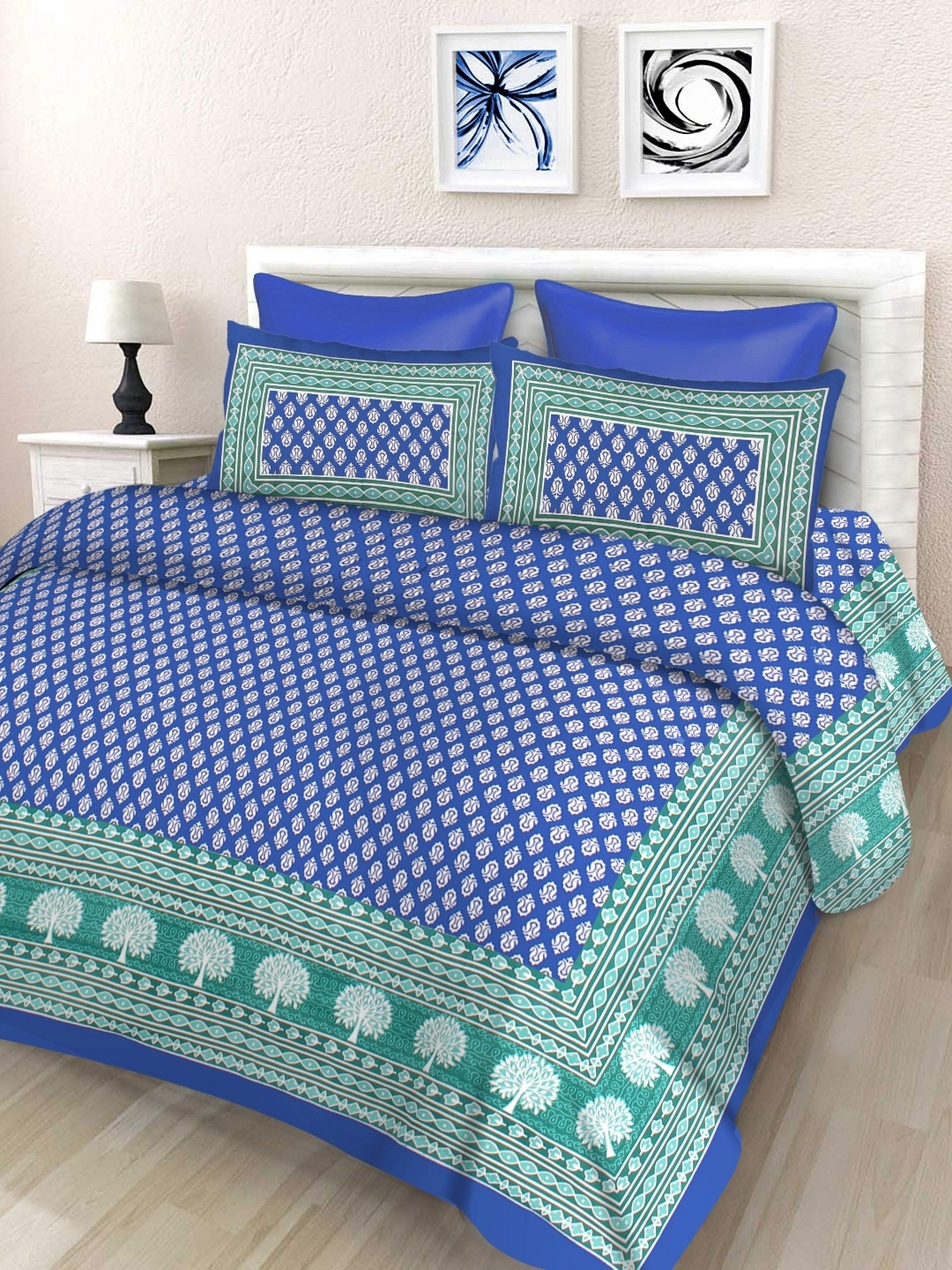 

Aura Blue & Green Ethnic Motifs 144 TC Queen Bedsheet With 2 Pillow Covers