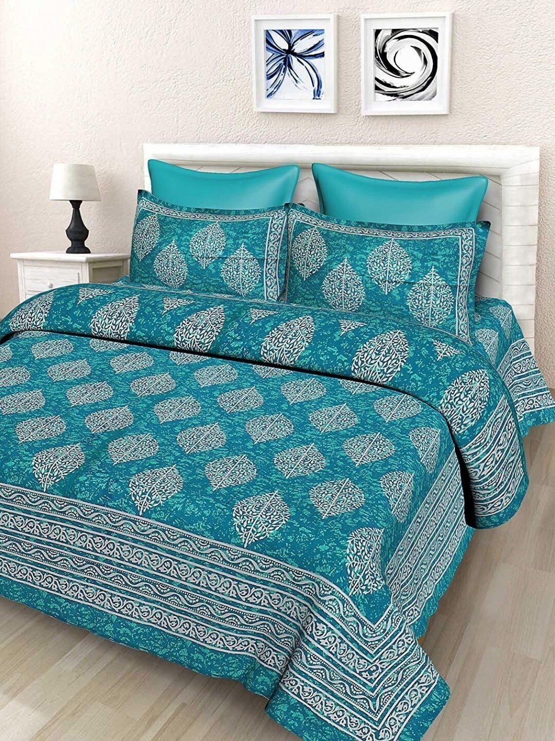 

Aura Turquoise Blue & White Ethnic Motifs 144 TC Queen Bedsheet with 2 Pillow Covers