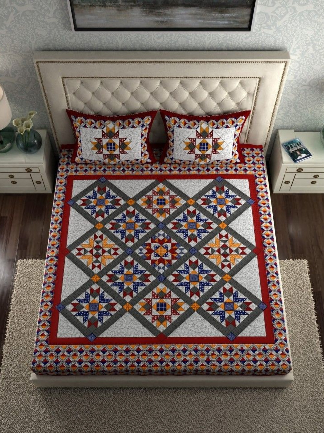 

Aura Red & Grey Ethnic Motifs 144 TC Queen Bedsheet With 2 Pillow Covers