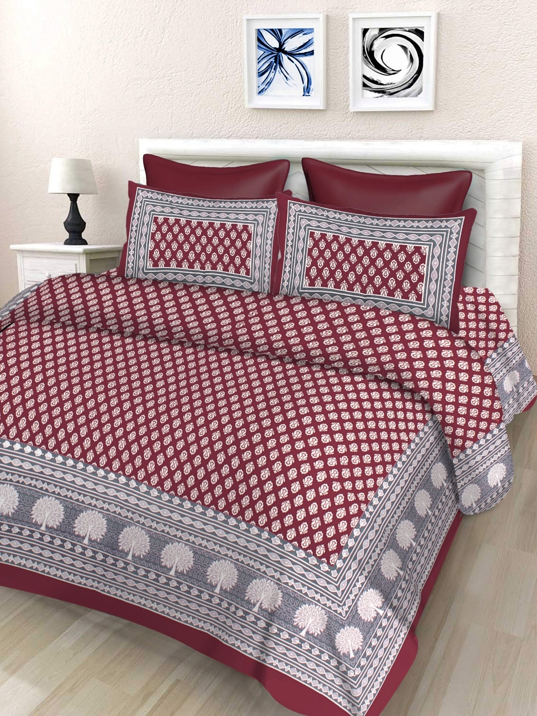 

Aura Maroon & White Ethnic Motifs 144 TC Queen Bedsheet With 2 Pillow Covers