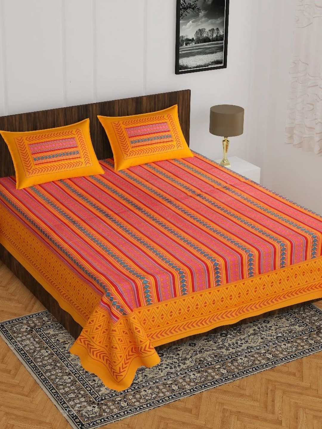 

Aura Yellow & Maroon Ethnic Motifs 144 TC Queen Bedsheet With 2 Pillow Covers