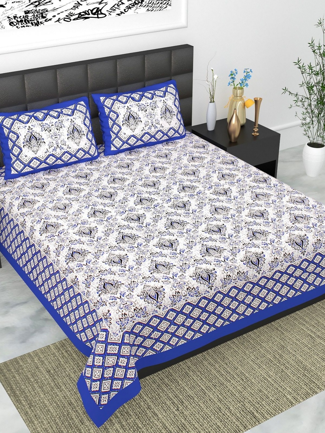 

Aura Blue Ethnic Motifs 144 TC Queen Bedsheet With 2 Pillow Covers