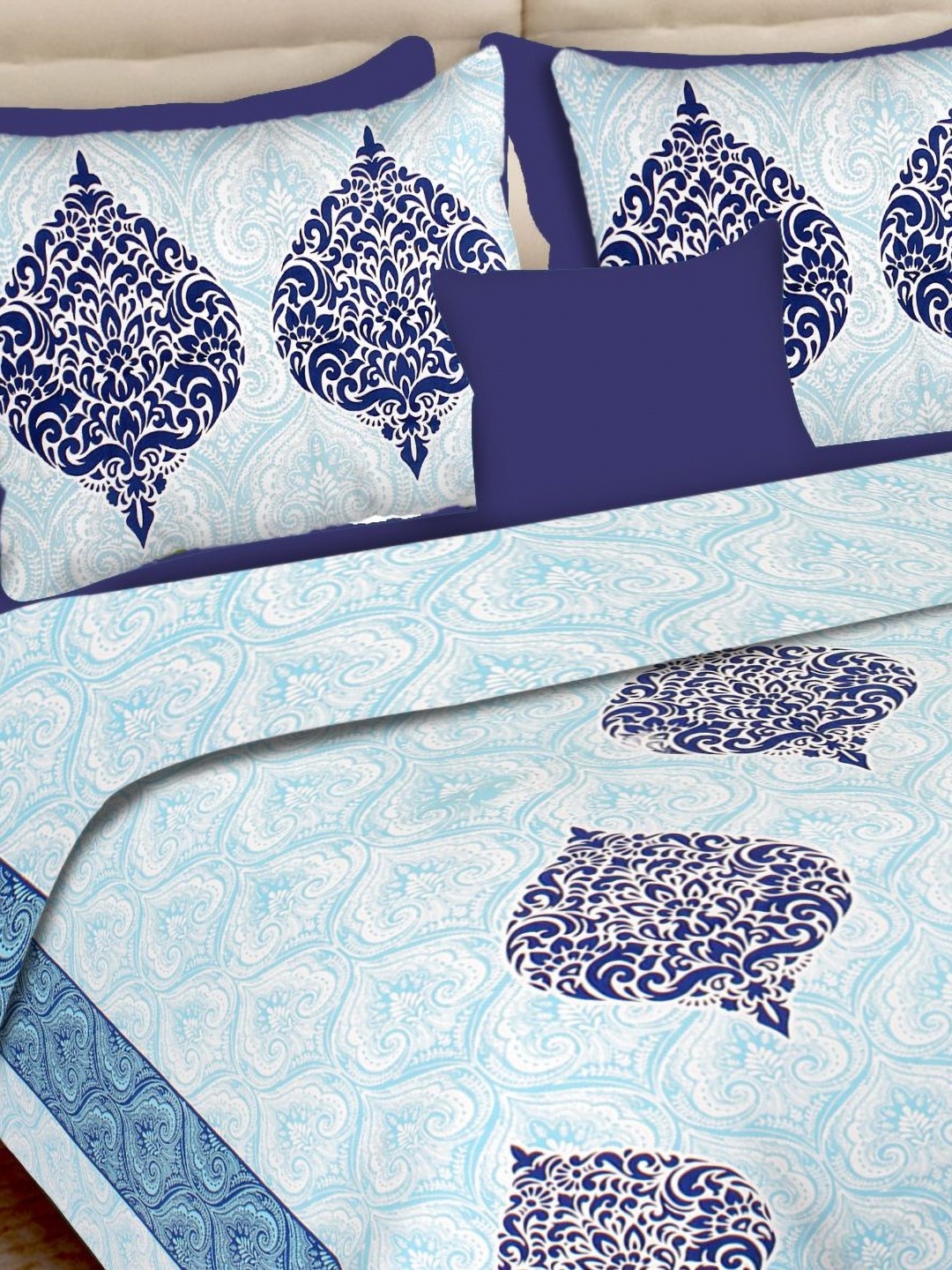 

Aura Turquoise Blue Ethnic Motifs 144 TC Queen Bedsheet With 2 Pillow Covers