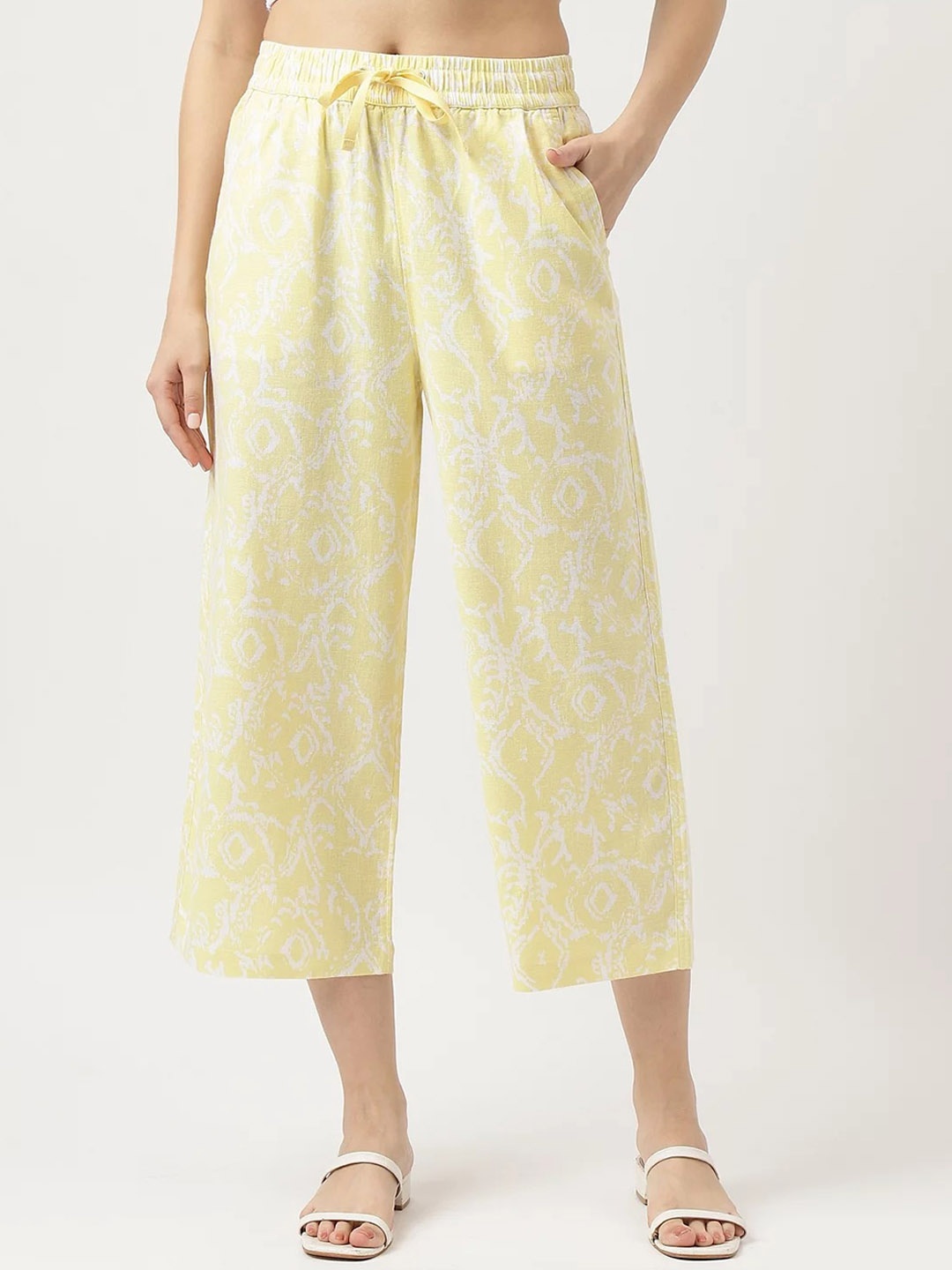 

Marks & Spencer Women Ethnic Motifs Printed High-Rise Cropped Culottes Trousers, Yellow