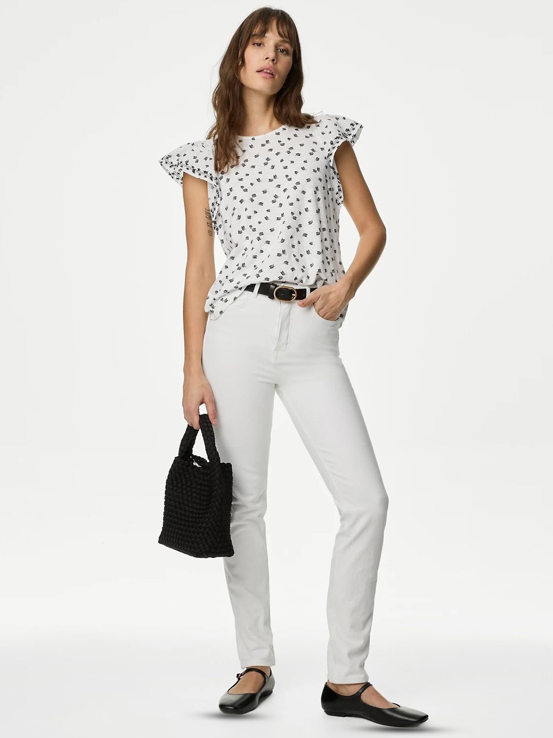 

Marks & Spencer Floral Printed Embroidered Flutter Sleeves Pure Cotton Top, Off white