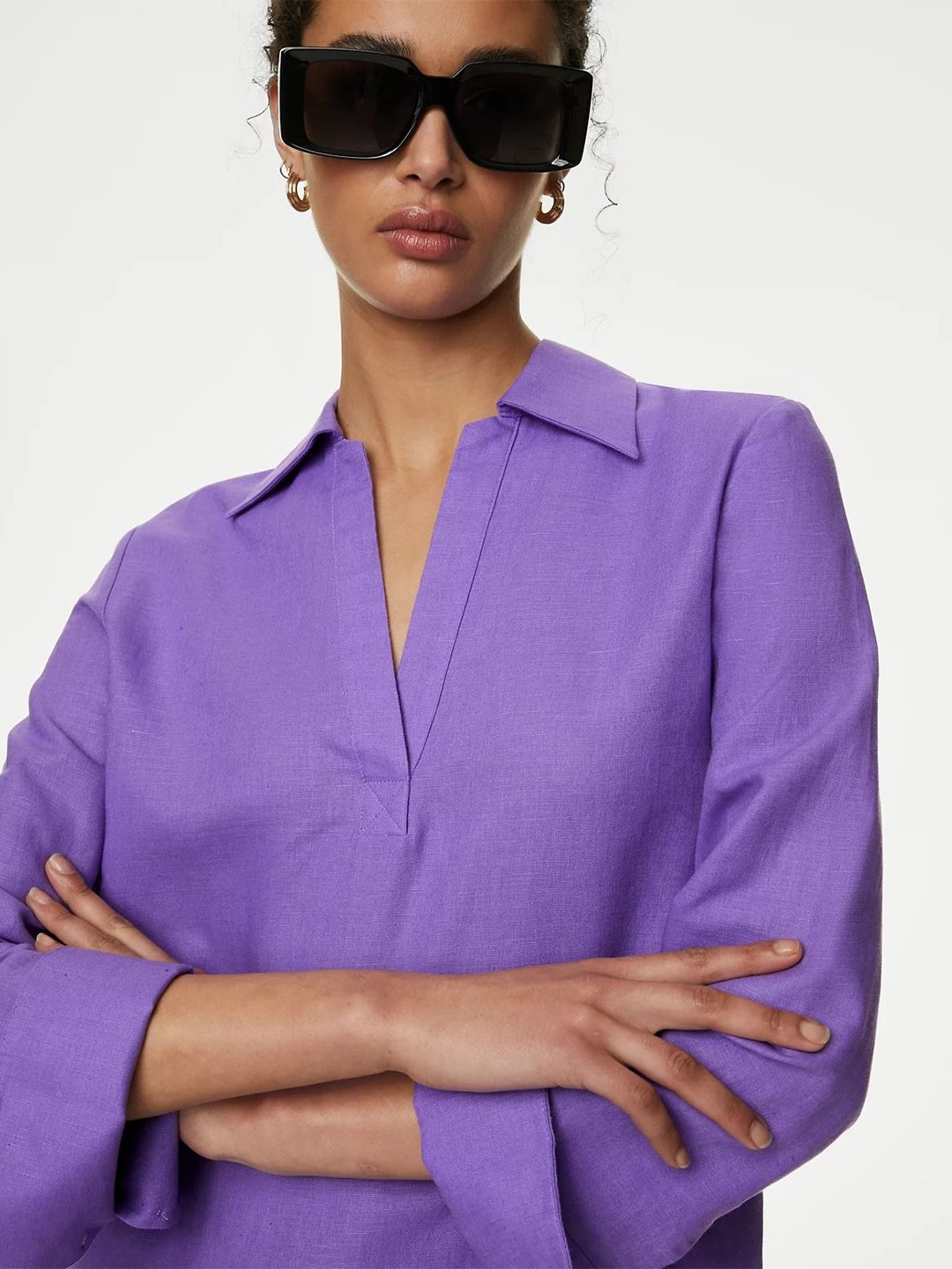 

Marks & Spencer Cuffed Sleeves Linen Cotton Shirt Style Top, Purple