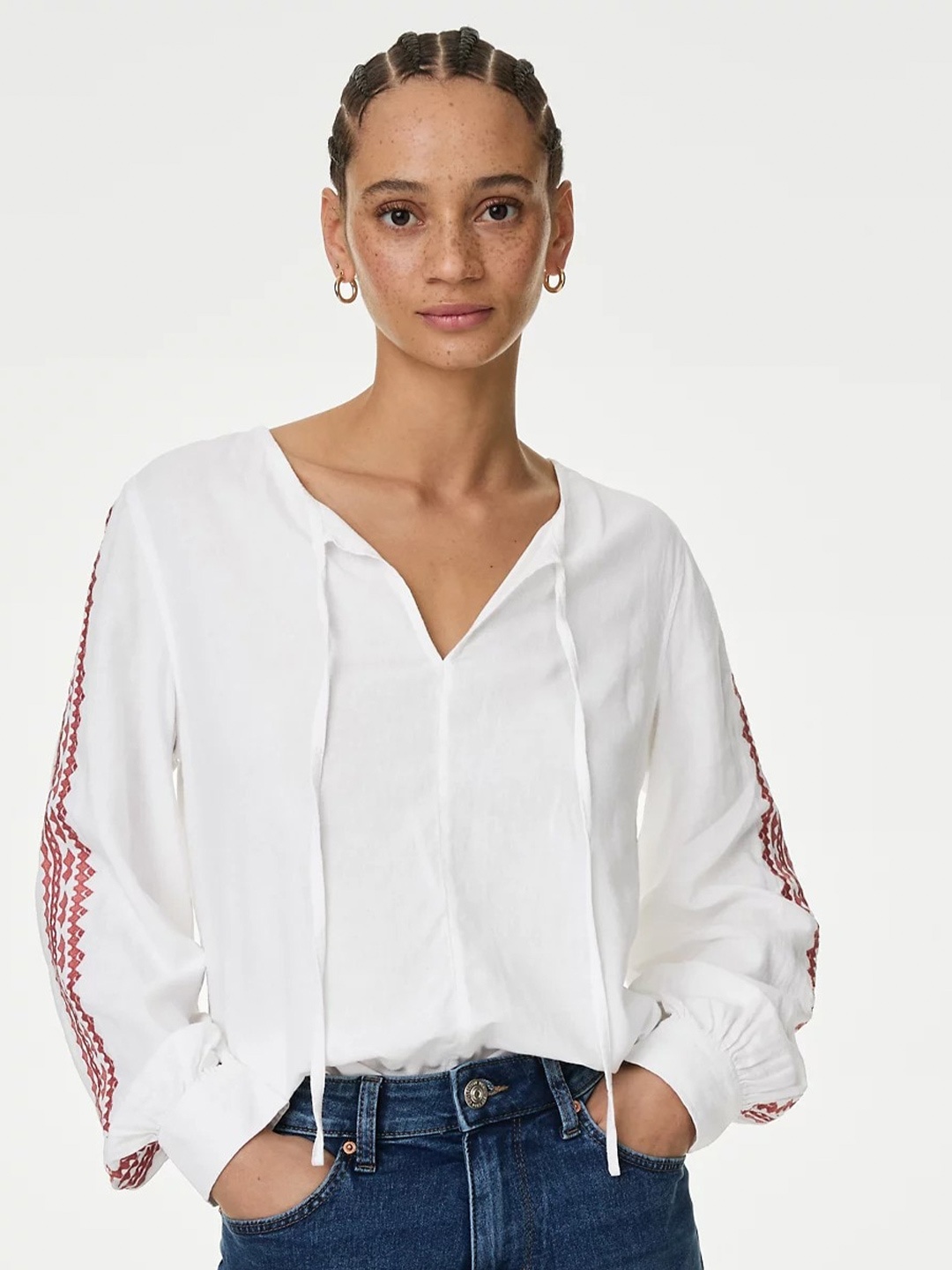 

Marks & Spencer Geometric Embroidered Tie-Up Neck Cuffed Sleeves Top, Off white