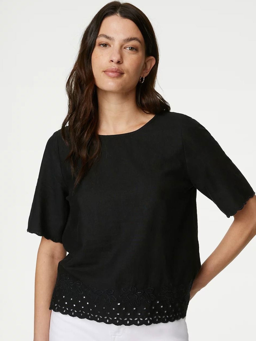 

Marks & Spencer Schiffli Round Neck Top, Black