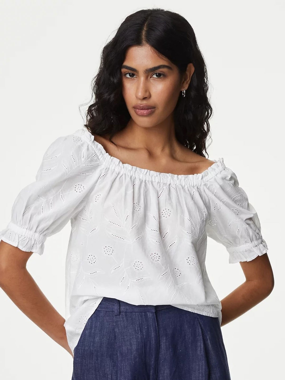

Marks & Spencer Square Neck Puff Sleeve Cotton Top, Off white