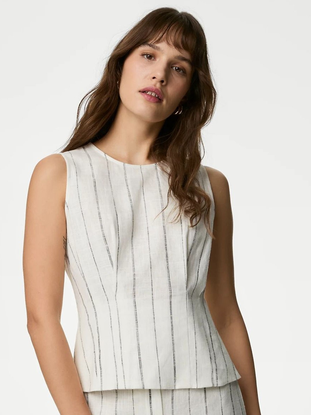 

Marks & Spencer Vertical Striped Round Neck Dart Top, Off white
