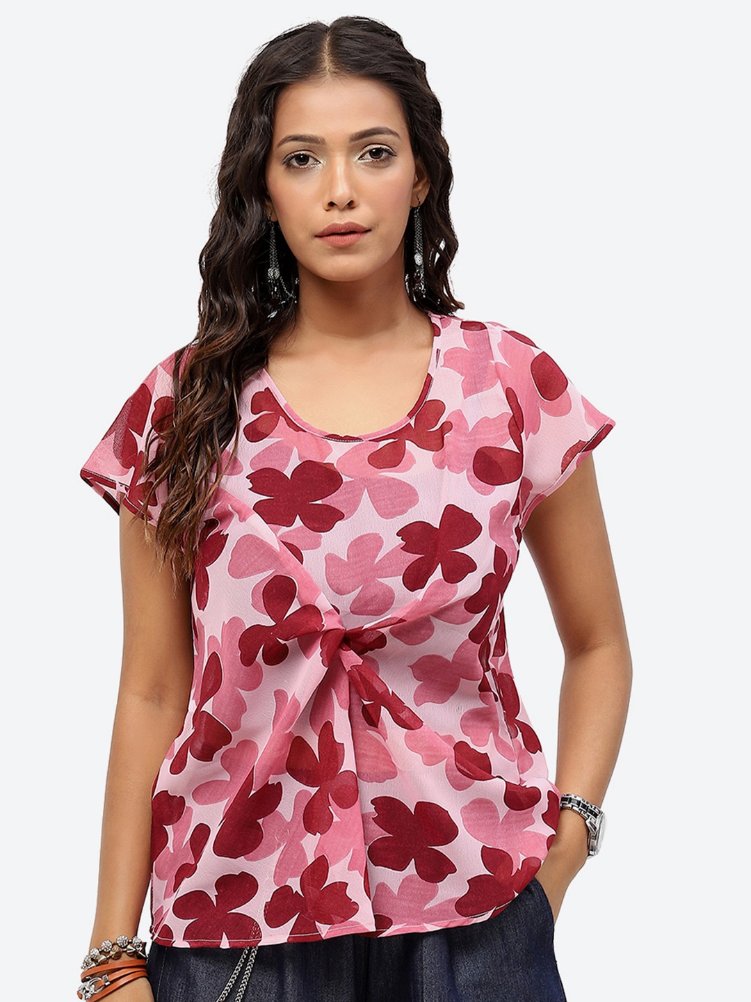 

Baawri Floral Print Round Neck Regular Sleeves Cinched Waist Top, Pink