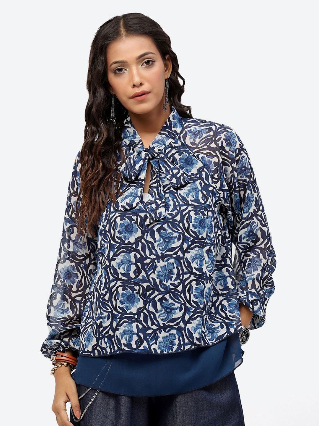 

Baawri Floral Printed Tie-Up Neck Top, Blue