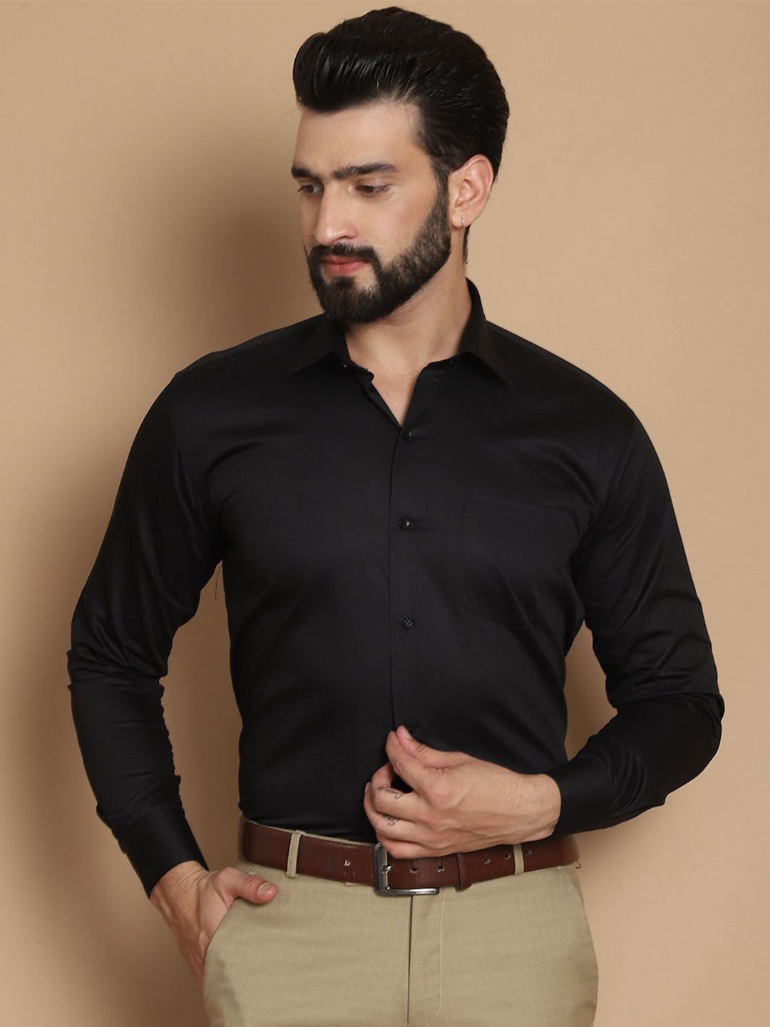 

TAG 7 Straight Fit Spread Collar Long Sleeves Satin Cotton Formal Shirt, Black