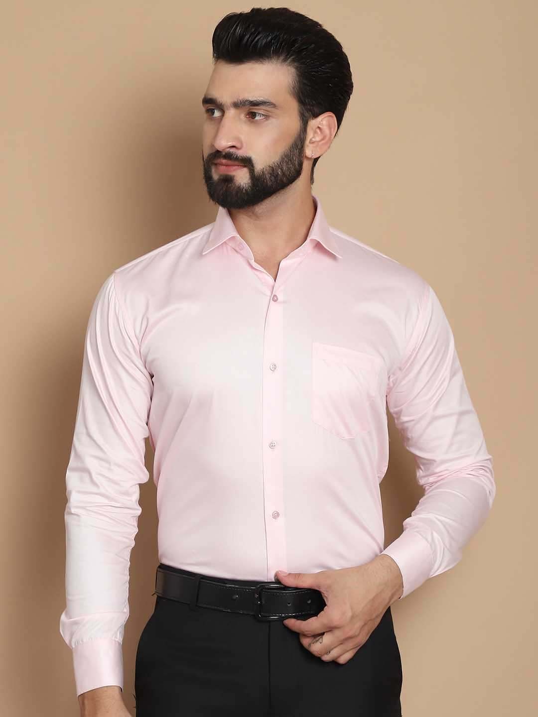 

TAG 7 Straight Fit Spread Collar Long Sleeves Satin Cotton Formal Shirt, Pink