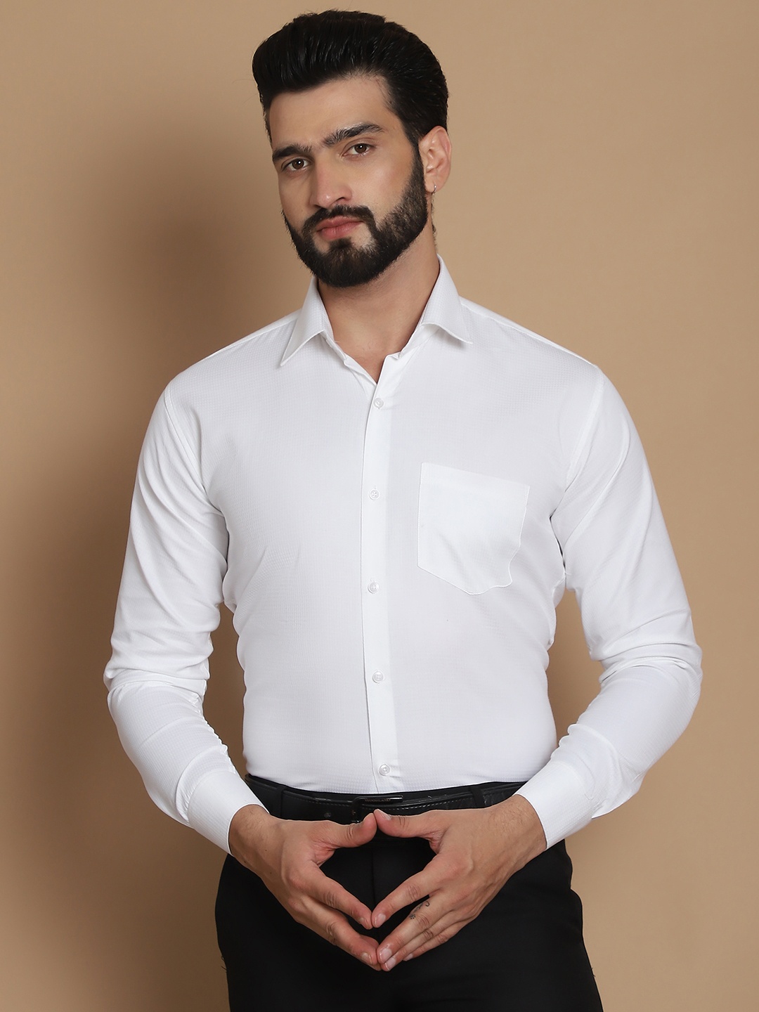 

TAG 7 Straight Spread Collar Long Sleeves Chambray Weave Cotton Formal Shirt, White