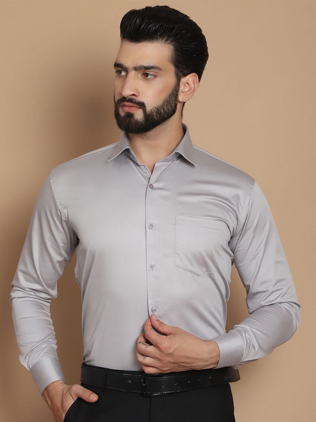 

TAG 7 Straight Cutaway Collar Long Sleeves Satin Giza Cotton Formal Shirt, Grey