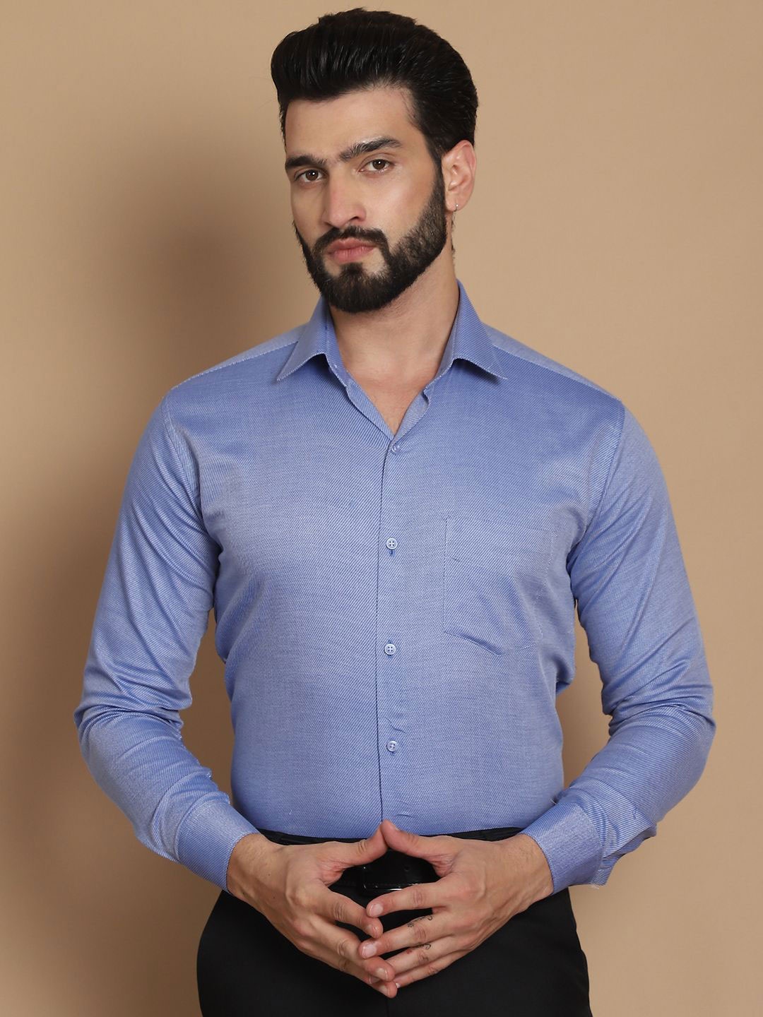 

TAG 7 Straight Fit Spread Collar Long Sleeves Oxford Weave Pure Cotton Formal Shirt, Blue