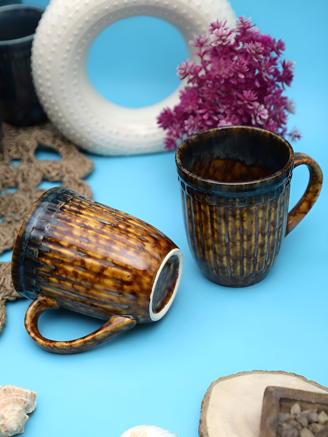 

TAG 7 Brown 2 Pieces Textured Ceramic Glossy Mugs 300 ml Each