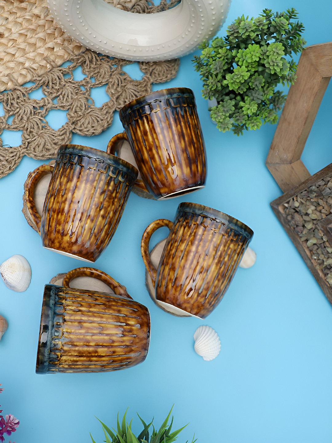 

TAG 7 Brown & Blue 4 Pieces Textured Ceramic Glossy Mugs 300
