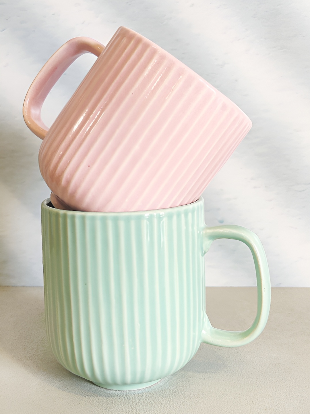 

One Posh Home Pink & Green Textured Stoneware Glossy Cups Set of Cups and Mugs