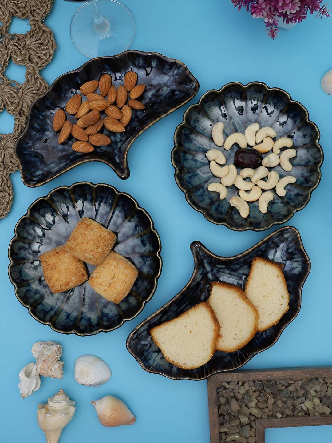

TAG 7 Blue & Black 4 Pieces Printed Round & Fan-Shaped Ceramic Food Platters