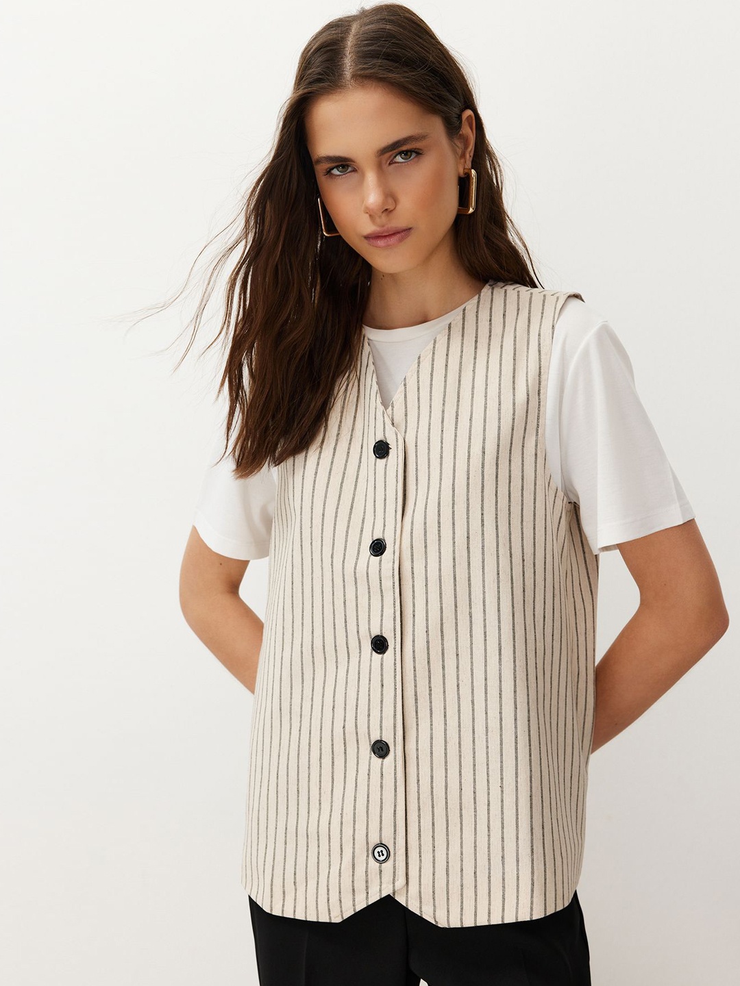 

Trendyol Striped V-Neck Waistcoat, Beige