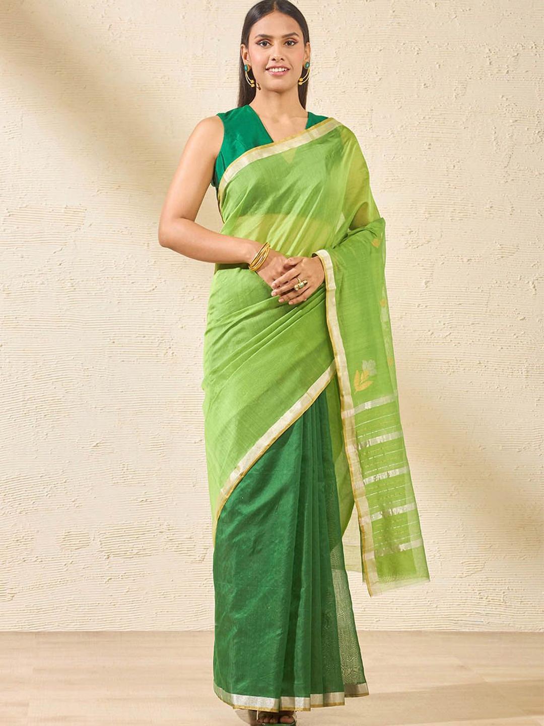 

Taneira Zari Silk Cotton Chanderi Saree, Green