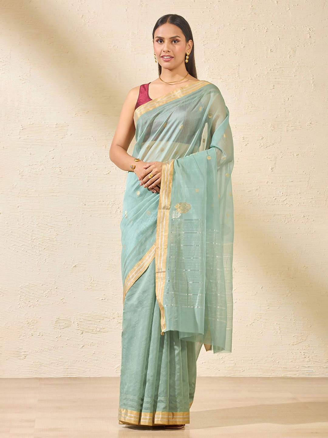 

Taneira Woven Design Zari Silk Cotton Chanderi Saree, Green