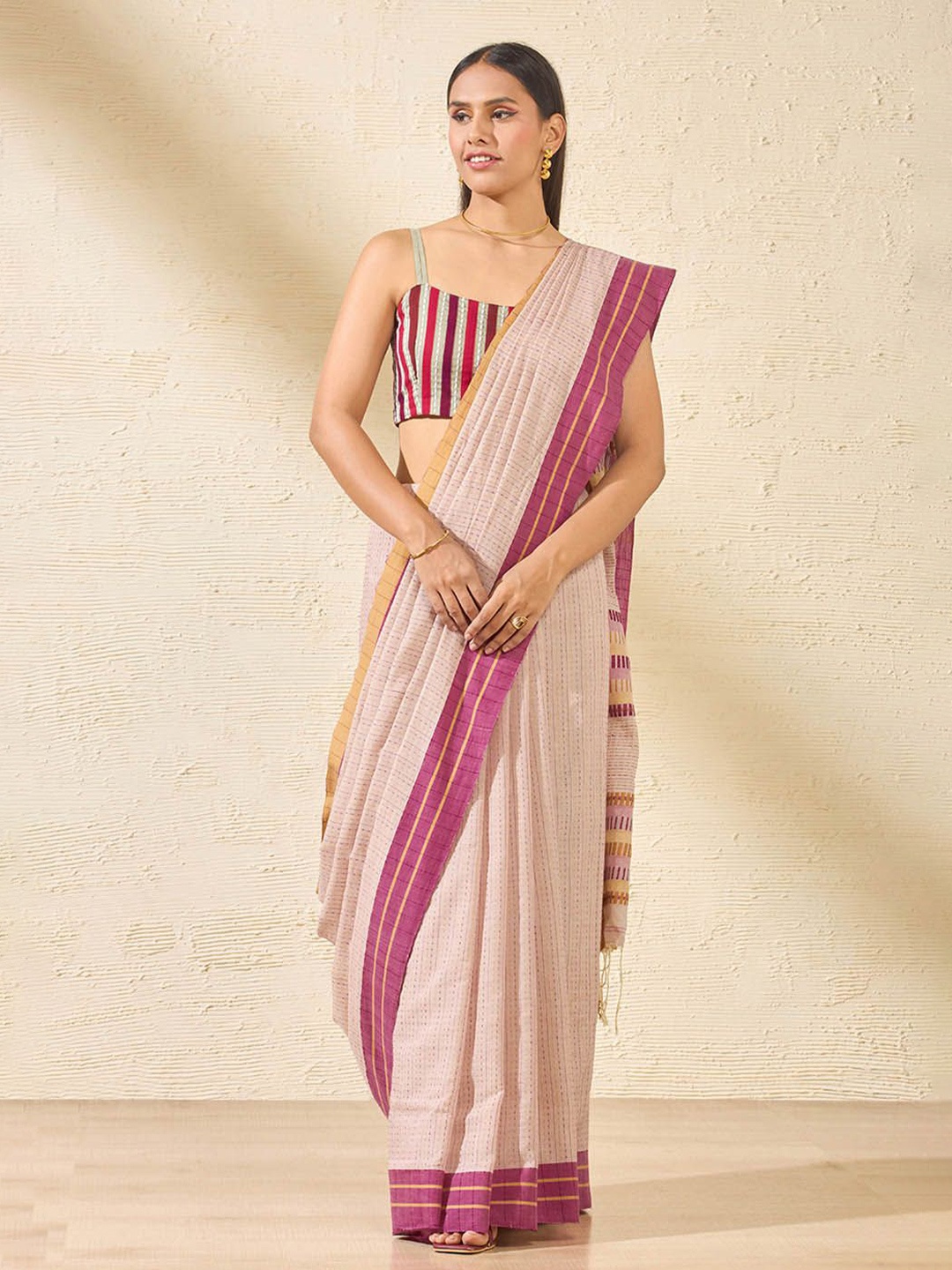 

Taneira Striped Pure Cotton Saree, Pink
