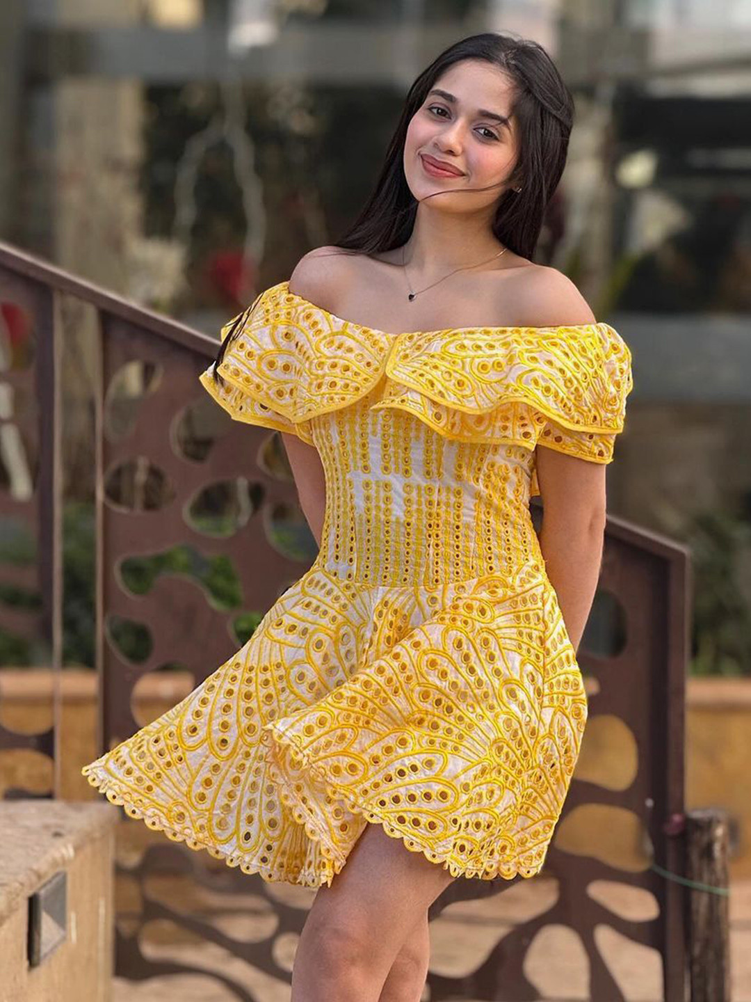 

Alamode By Akanksha Print Off-Shoulder Bell Sleeve Fit & Flare Dress, Yellow