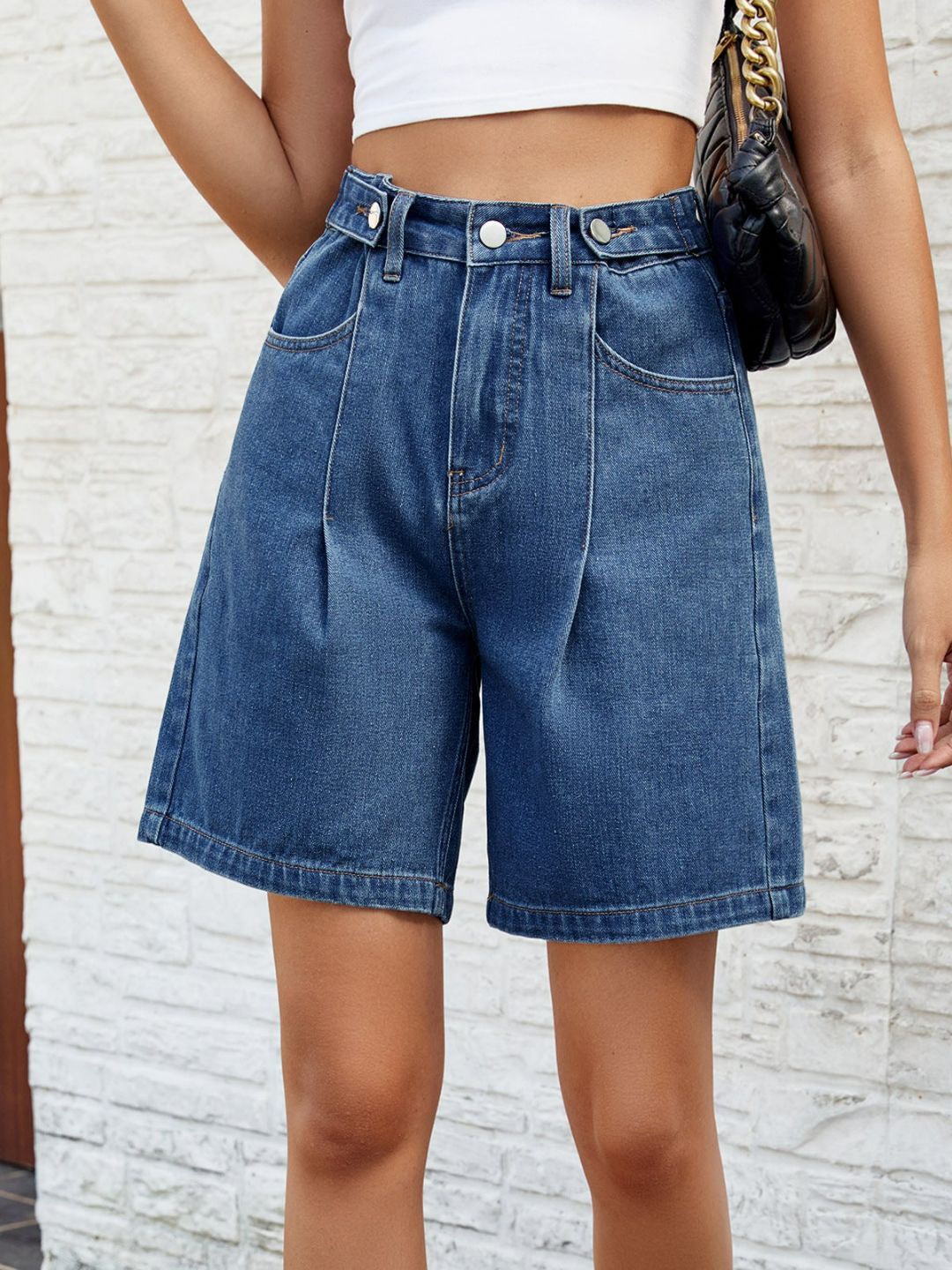 

4WRD by Dressberry Women Navy Blue Mid-Rise Denim Shorts