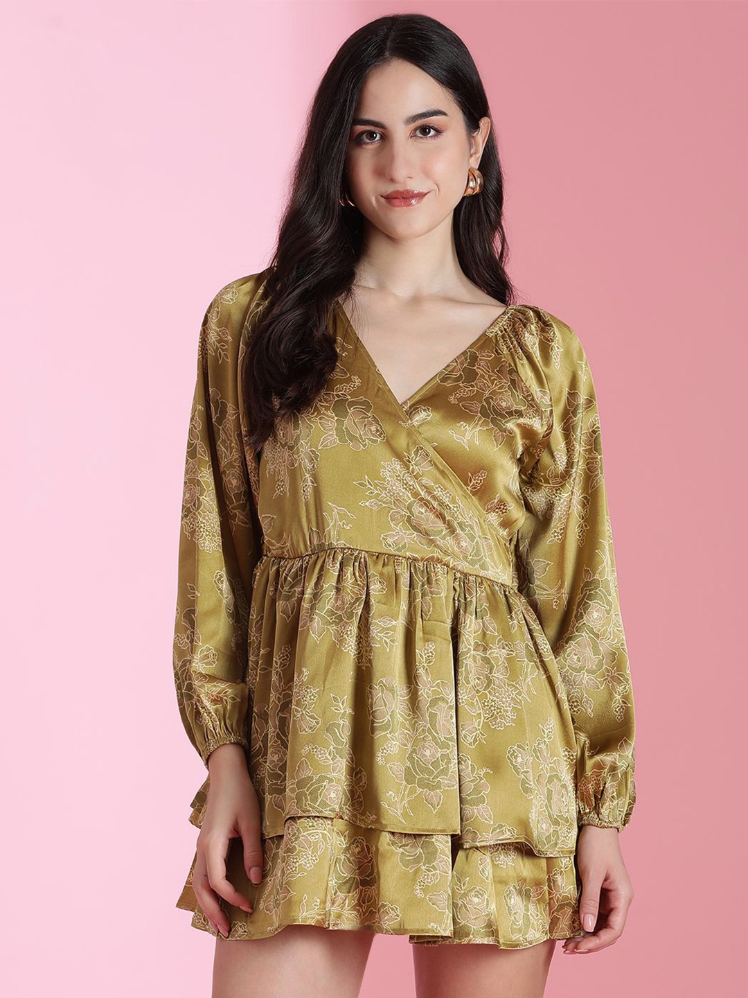 

Stylecast X Kotty Floral Print V-Neck Puff Sleeve Mini Wrap Dress, Gold