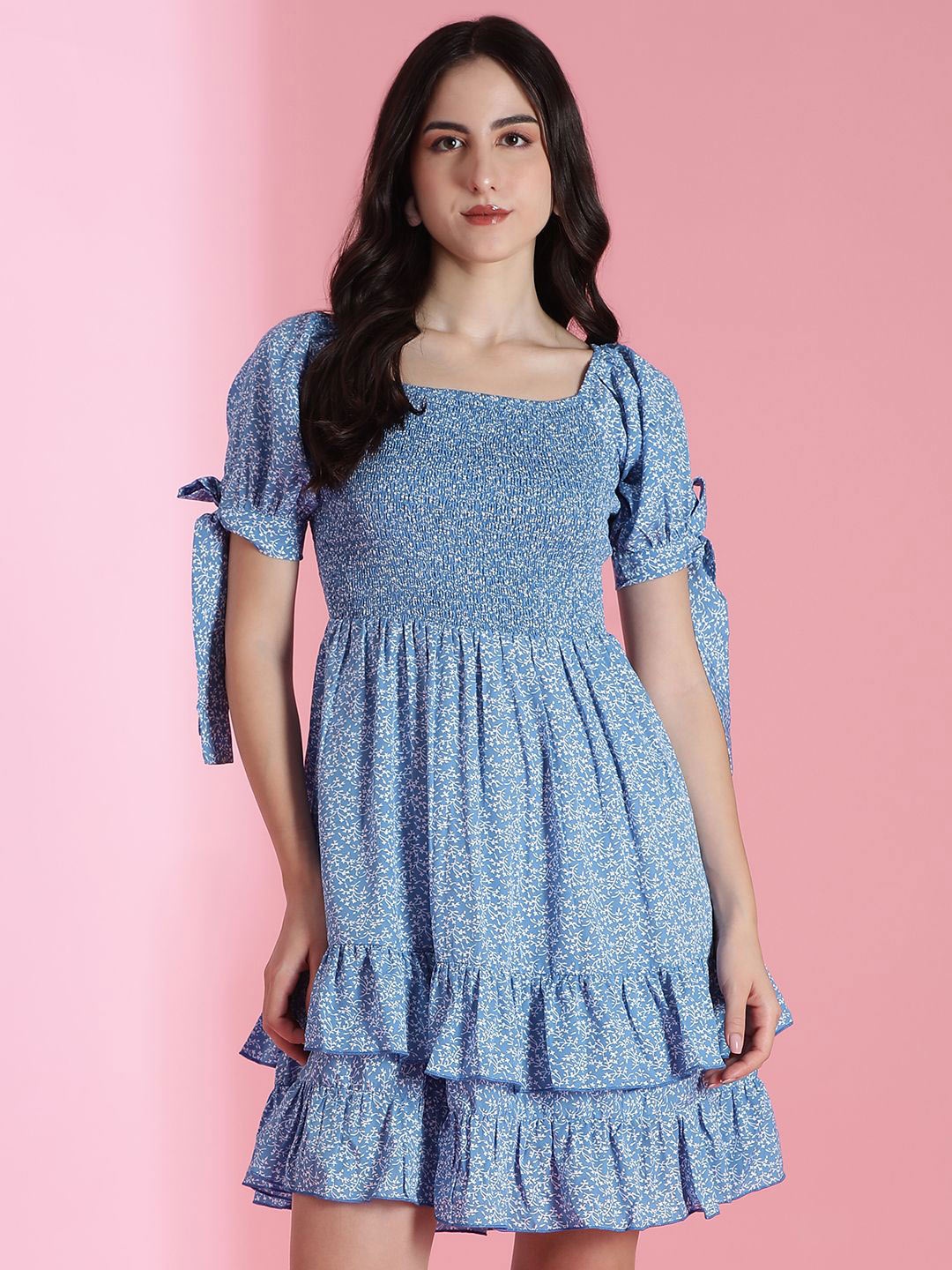 

Stylecast X Kotty Printed Puff Sleeve Square Neck Crepe Smocked Fit & Flare Dress, Blue