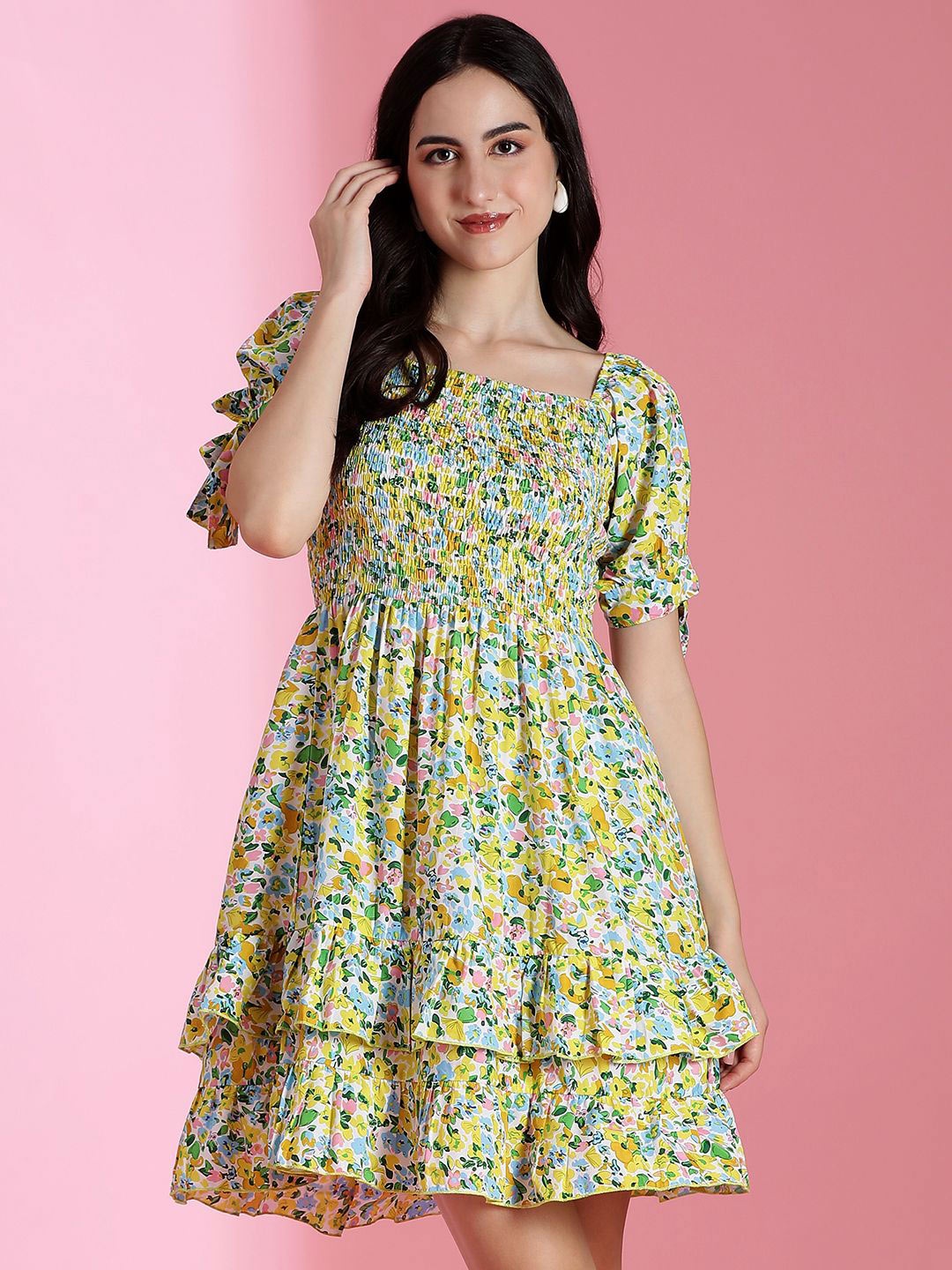 

Stylecast X Kotty Floral Print Puff Sleeve Crepe Fit & Flare Dress, Yellow