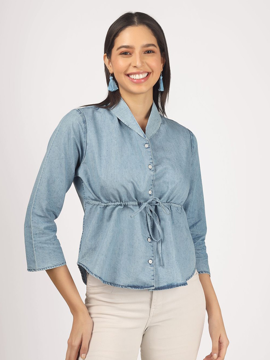 

angloindu Shawl Collar Three-Quarter Sleeves Pure Cotton Shirt Style Top, Blue