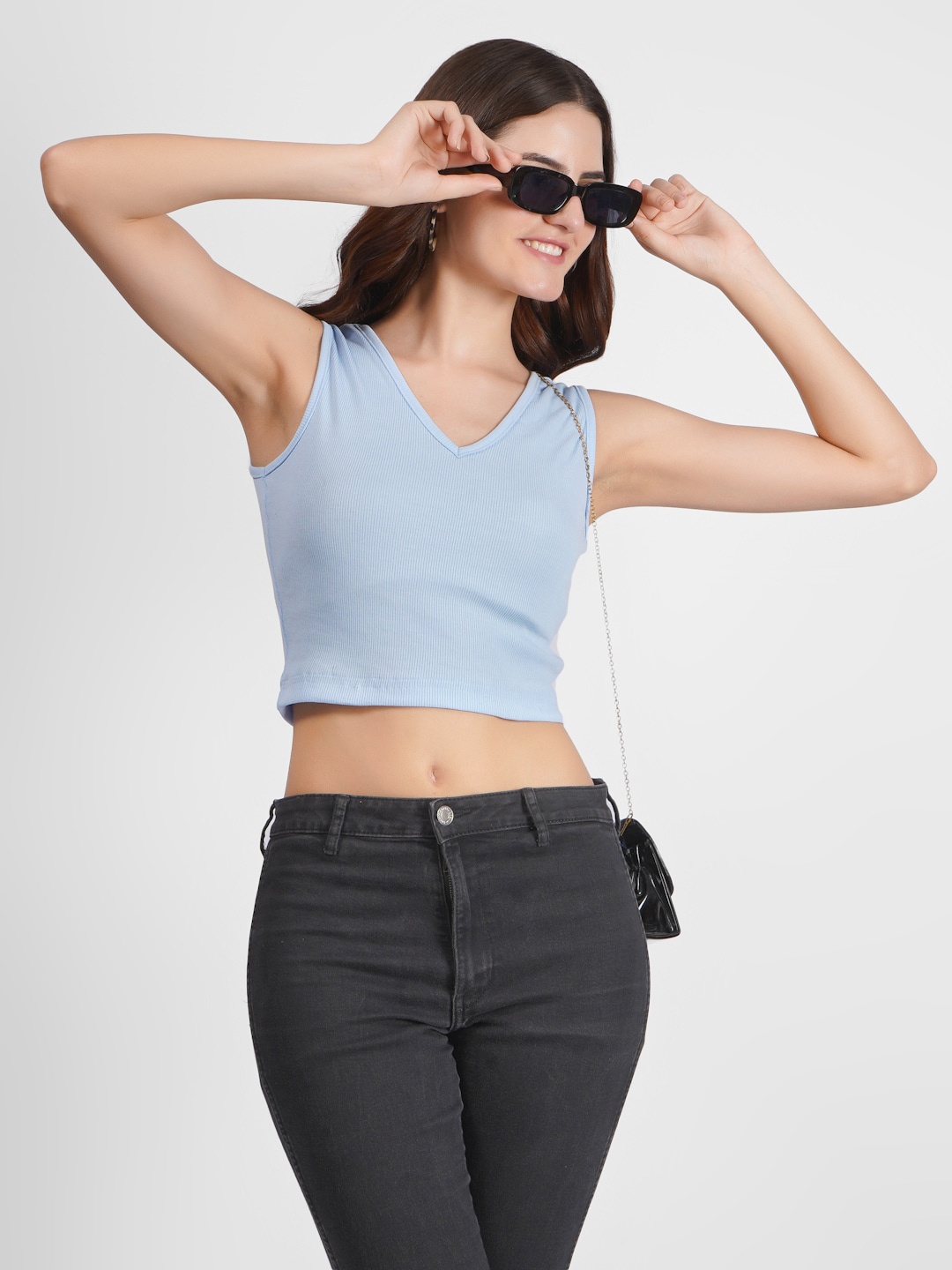 

angloindu V-Neck Sleeveless Fitted Crop Top, Blue