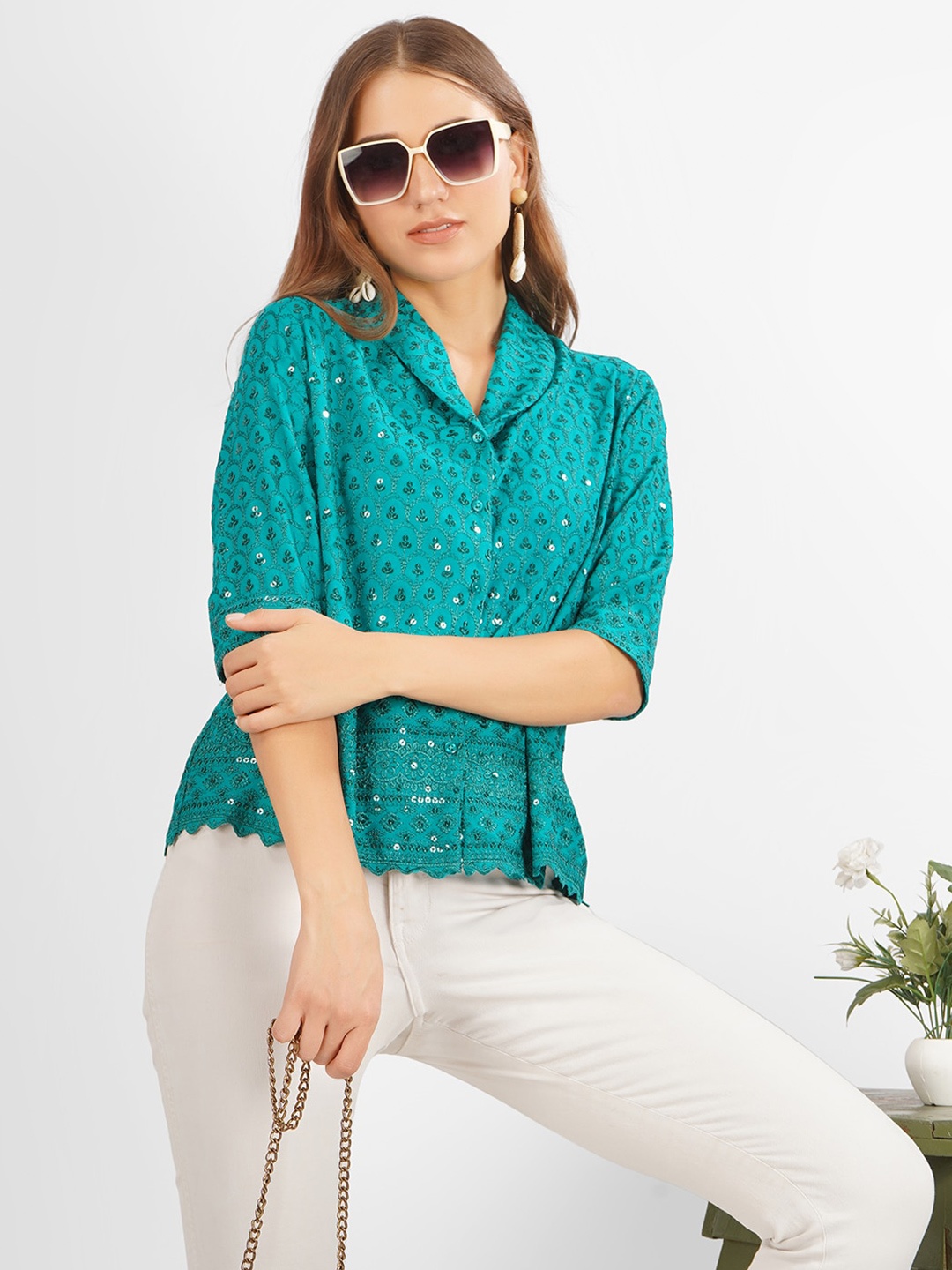 

angloindu Embroidered Ethnic Sequined Motifs Shawl Collar Pure Cotton Shirt Style Top, Teal