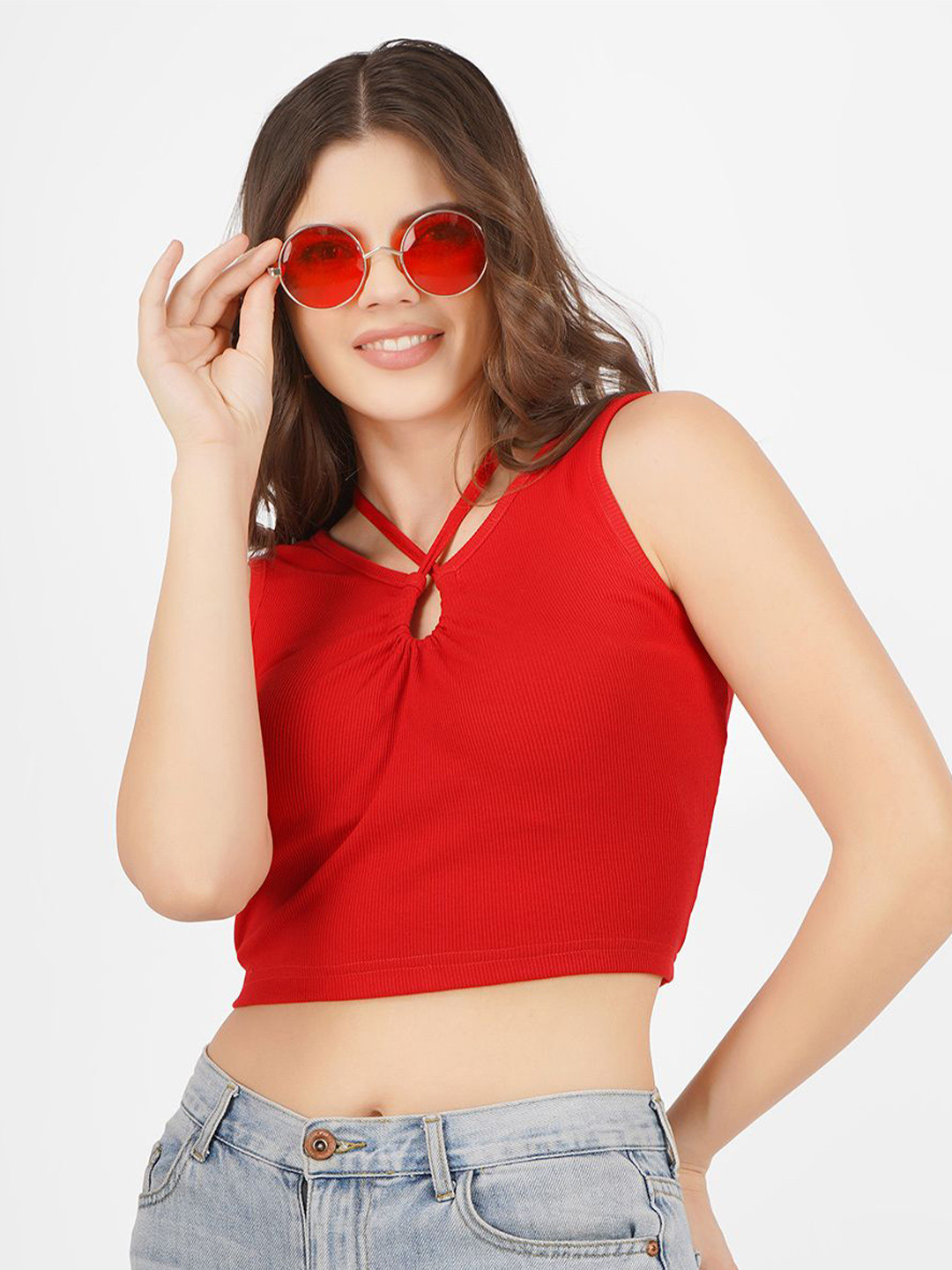 

angloindu Solid Tie-Up Neck Sleeveless Crop Top, Red