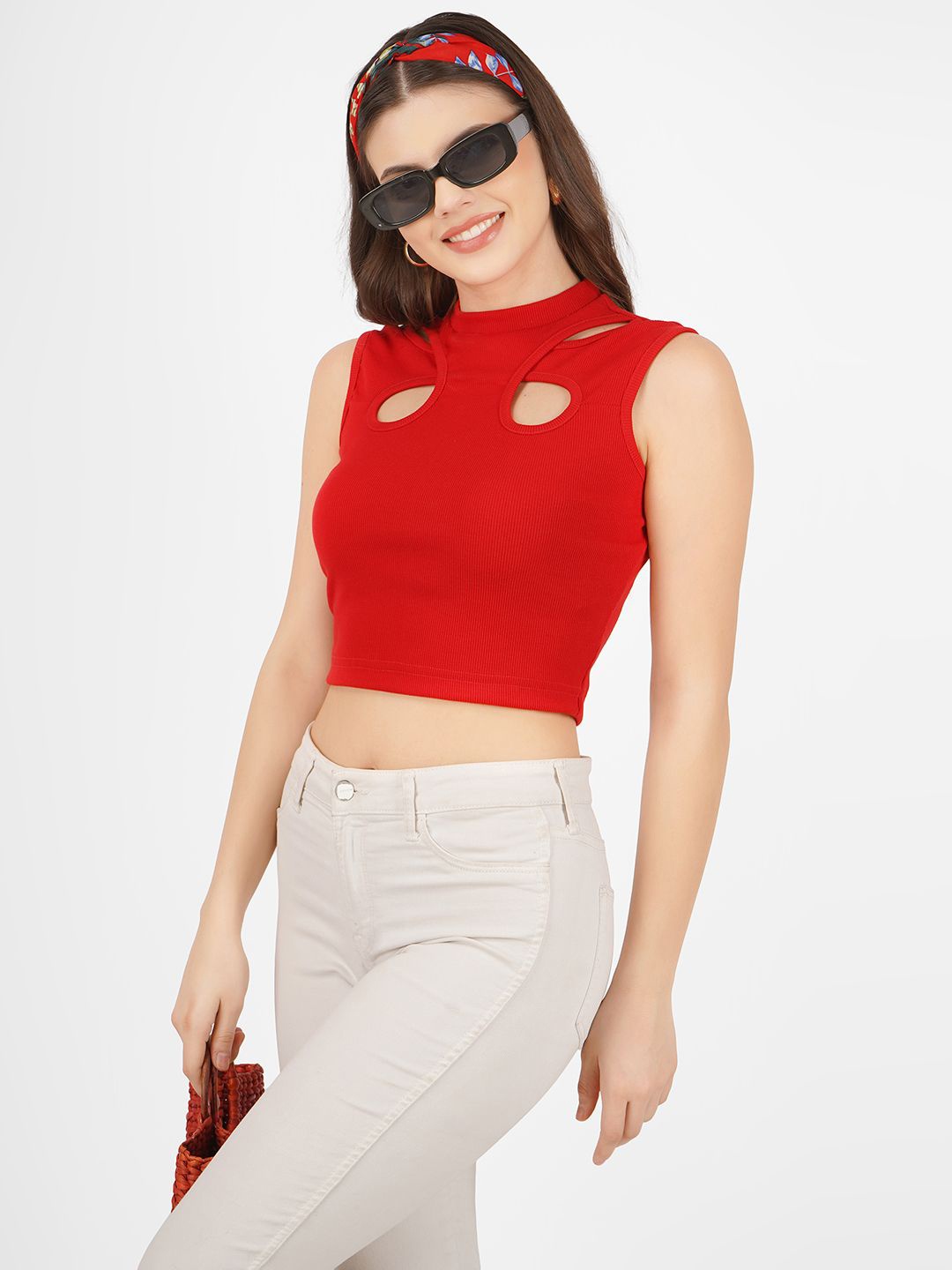 

angloindu Cut Out Round Neck Sleeveless Fitted Crop Top, Red