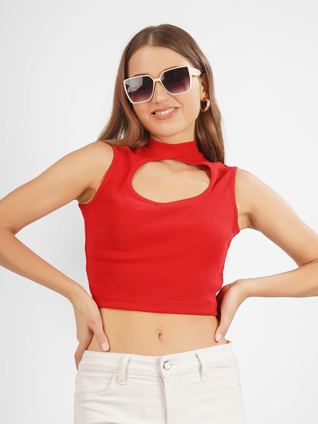 

angloindu Solid High Neck Sleeveless Crop Top, Red