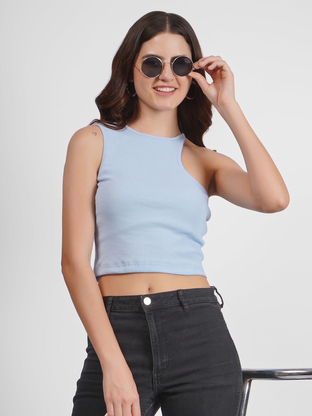 

angloindu Round Neck Sleeveless Fitted Crop Top, Blue