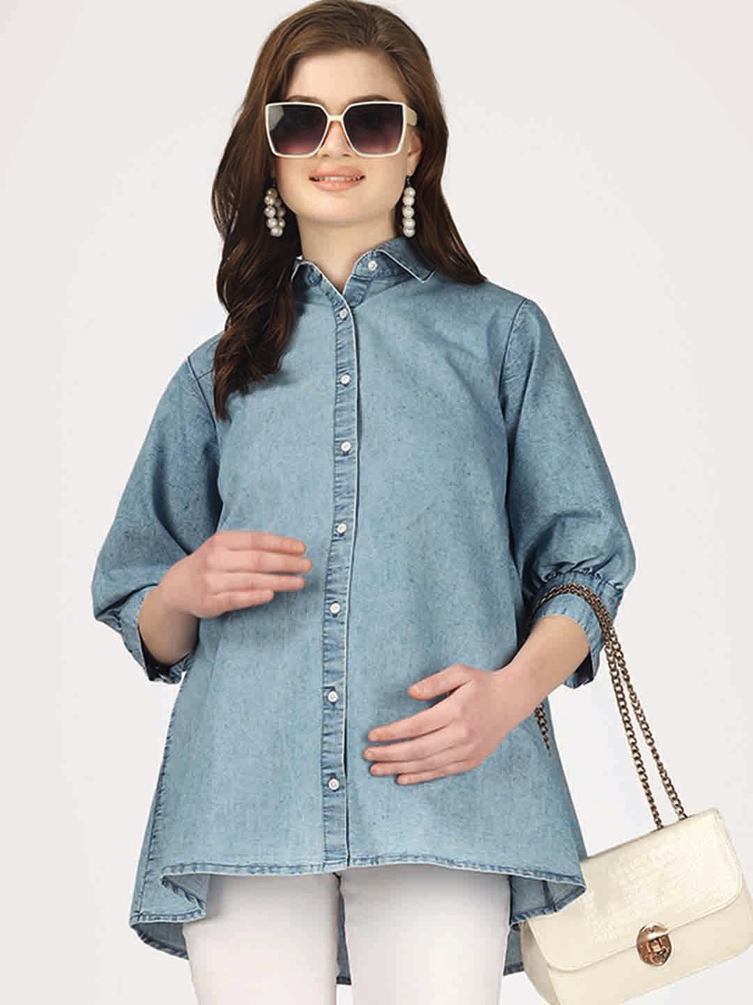 

angloindu Relaxed Fit Denim Longline Maternity Shirt, Blue