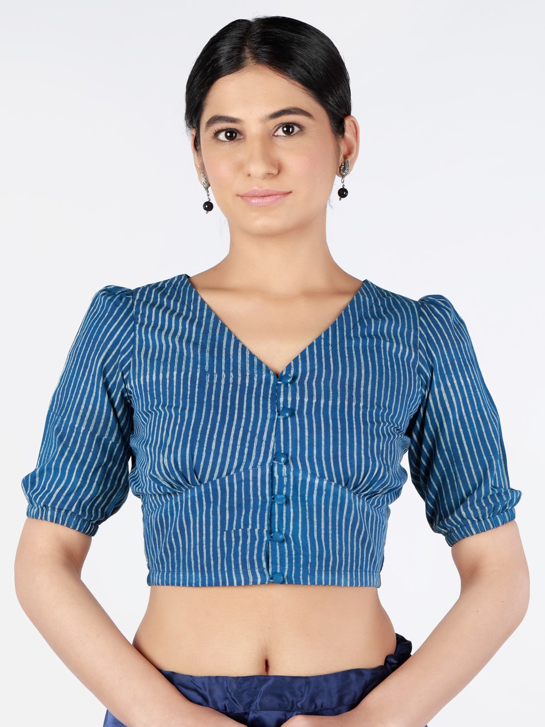 

Llajja Striped V-Neck Cotton Saree Blouse, Blue