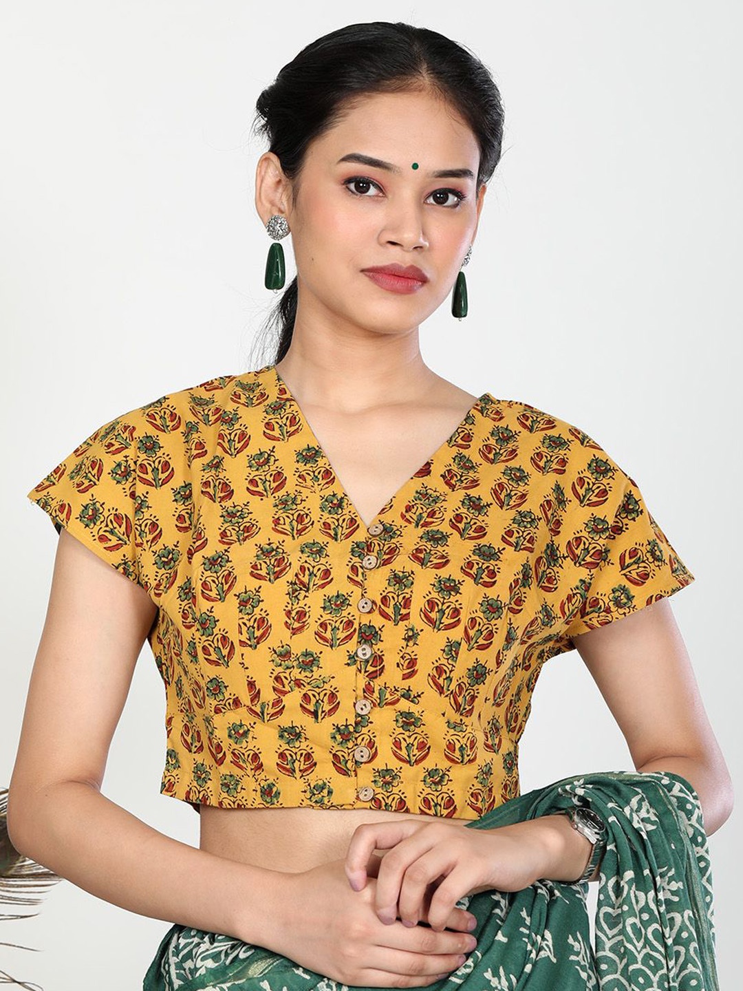 

Llajja Floral Block Printed V-Neck Cotton Saree Blouse, Mustard