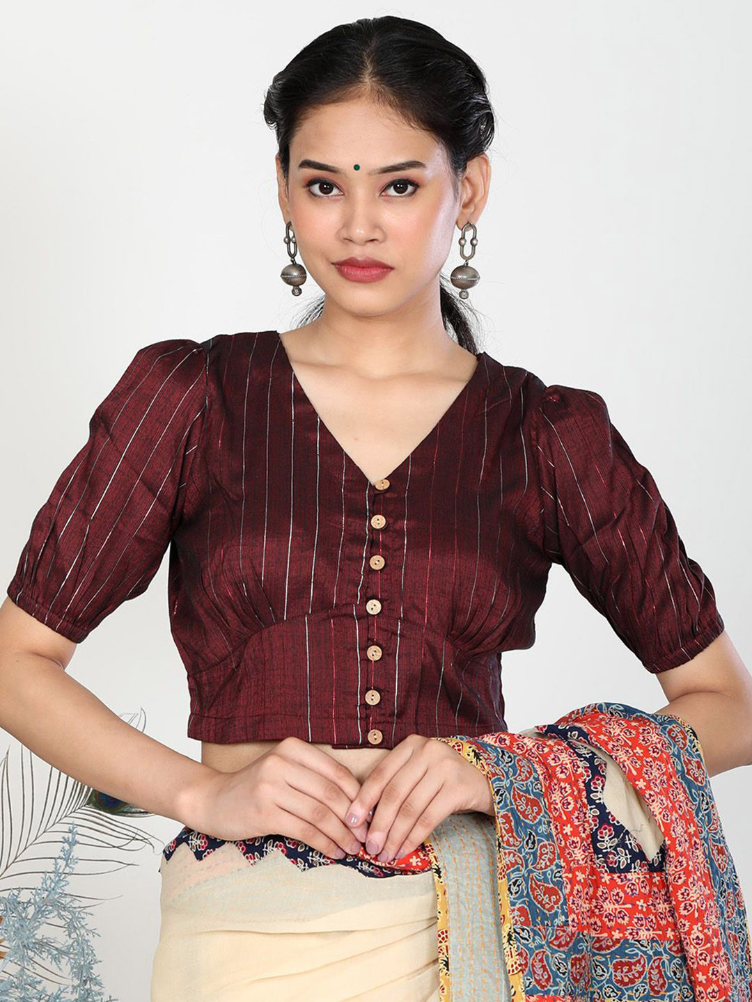

Llajja Striped Cotton Saree Blouse, Brown