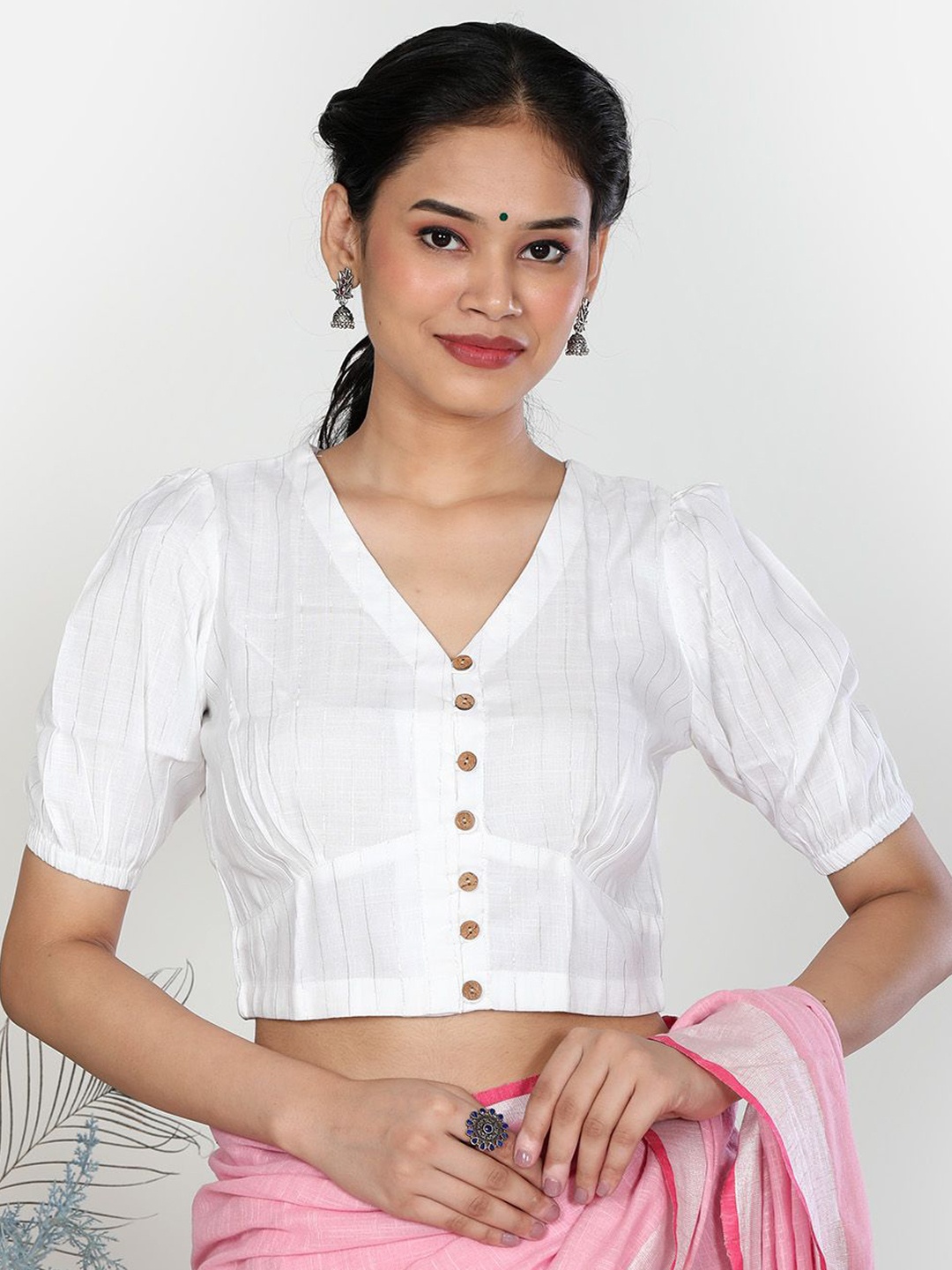 

Llajja Striped Cotton Saree Blouse, White