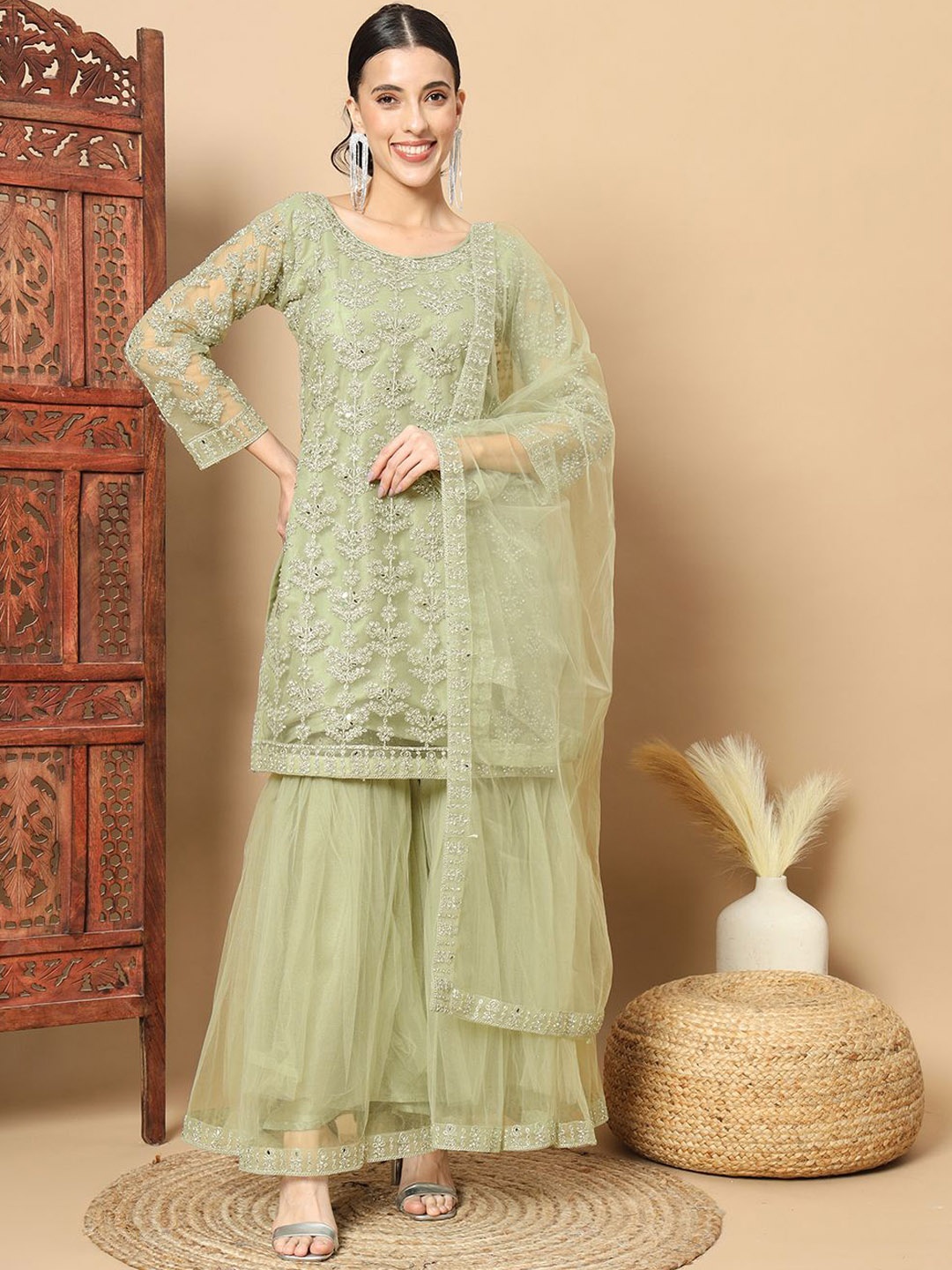 

Chhabra 555 Embroidered Kurta Sharara & Dupatta, Lime green