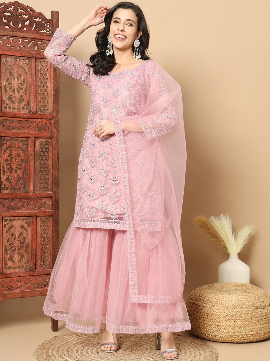 

Chhabra 555 EEmbroidered Beads and Stones Straight Kurta ,Sharara & Dupatta, Pink